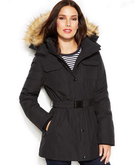 michael kors faux-fur-trim hooded belted puffer coat